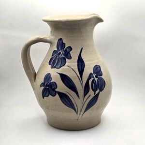 Large Williamsburg Handmade Blue & Cream Floral Clay Pottery Vintage 6.5 Inches